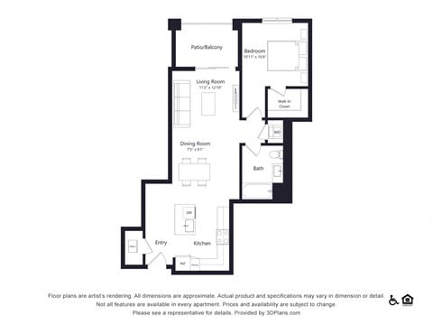 Floor plan for 1 bed, 1 bath, 779 sqft